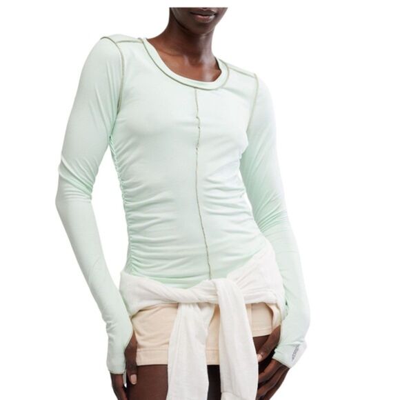 FREE PEOPLE Movement Mint Green Ruched Light Long Sleeve Athletic Top Medium - Picture 1 of 9